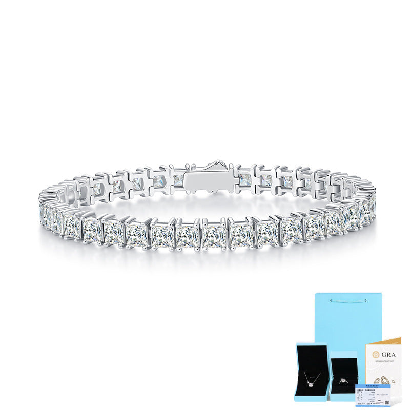 Sterling silver square moissanite tennis bracelet featuring sparkling gemstones on a delicate chain, designed by ZERRA.