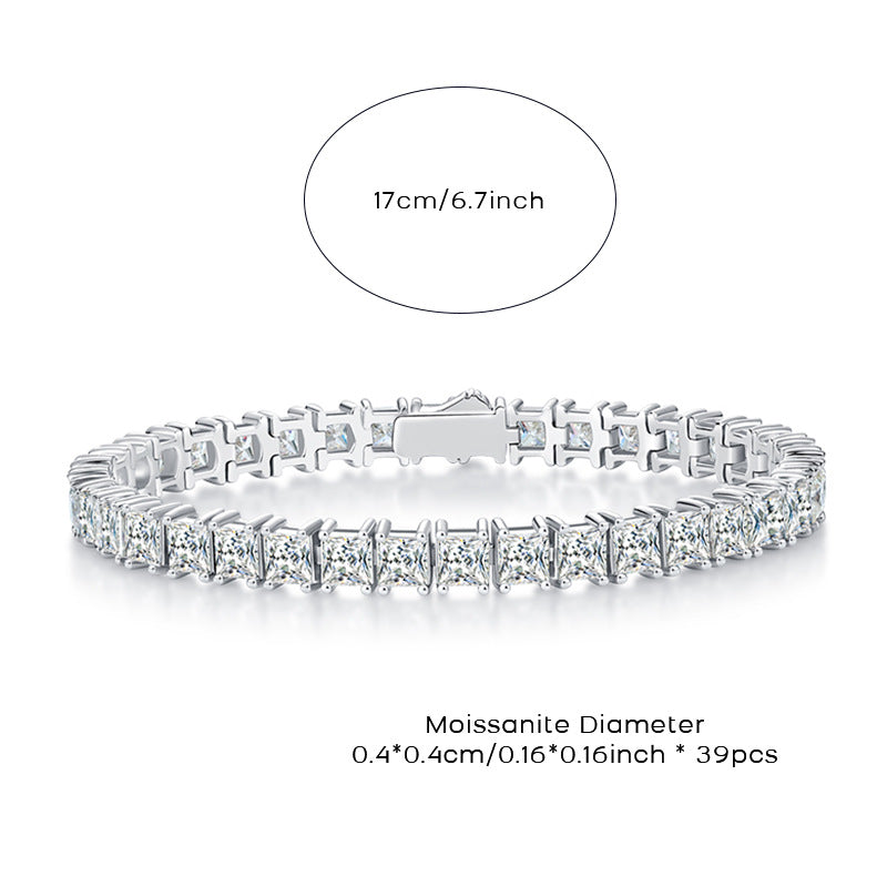 Sterling silver square Moissanite tennis bracelet by ZERRA featuring sparkling gemstone accents on a sleek bracelet band.