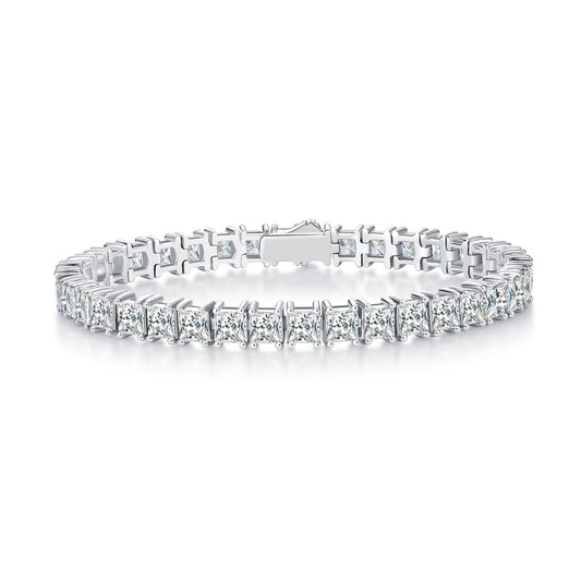 Sterling silver square moissanite tennis bracelet by ZERRA featuring sparkling stones and a sleek, elegant design.