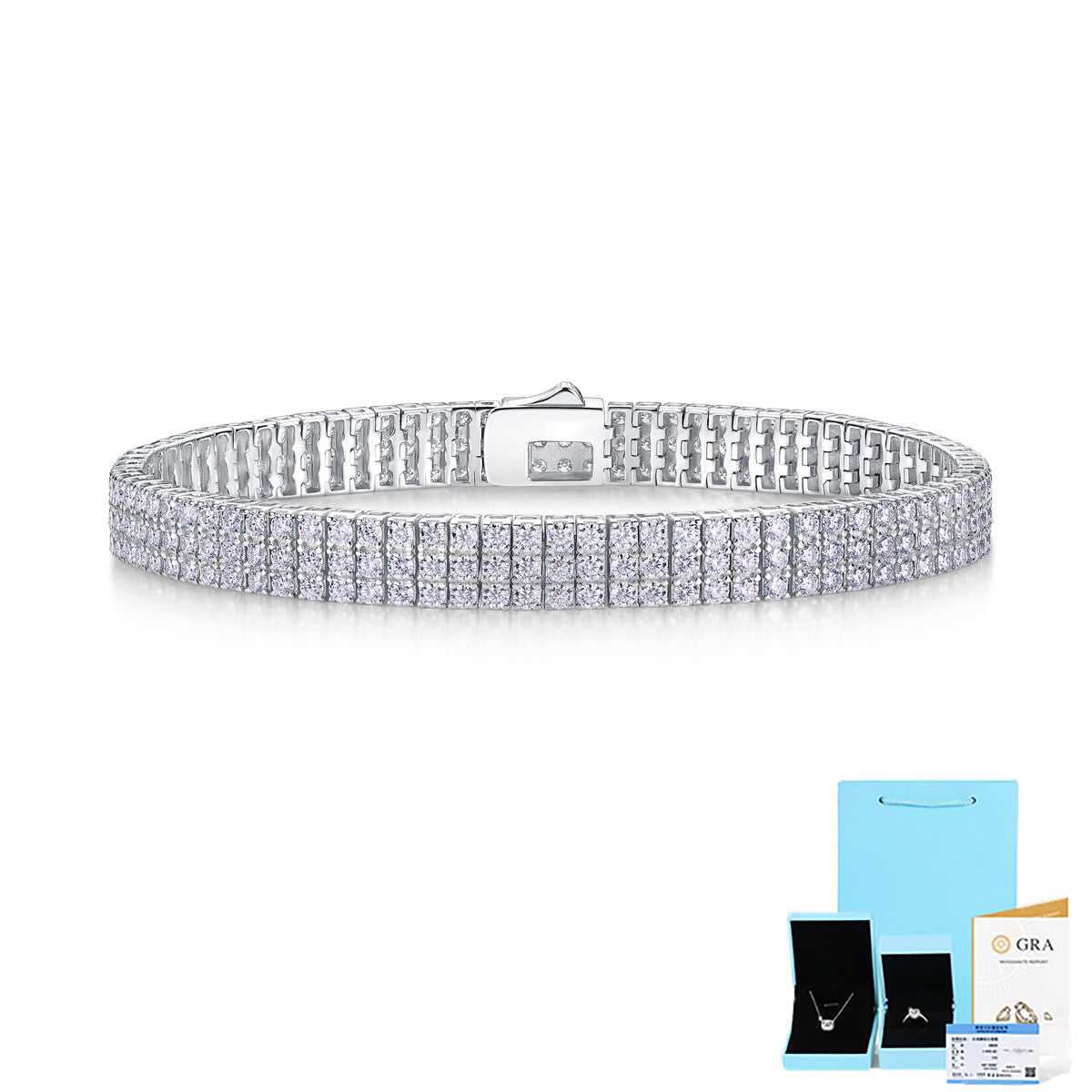 Yellow gold three-row moissanite bracelet on neutral background. Alt: “Three-Row Moissanite Tennis Bracelet – 18K Yellow Gold.”
