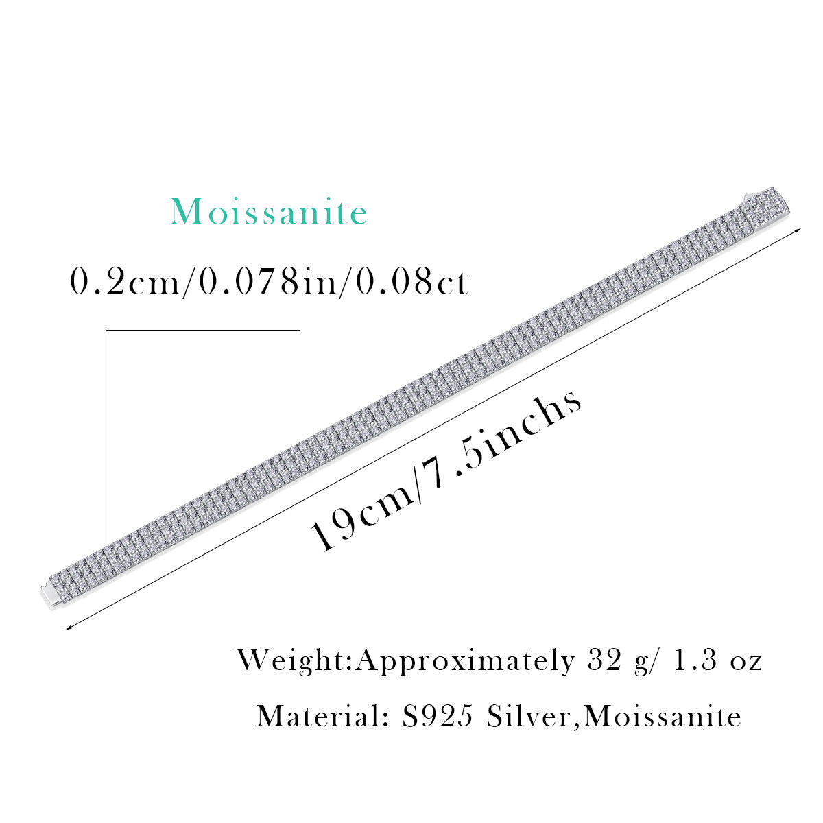 Silver jewelry piece with measurements and material details on a white background