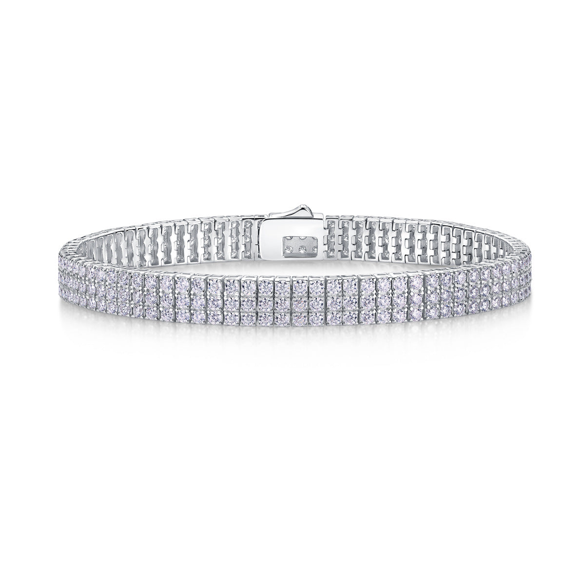 Yellow gold three-row moissanite bracelet on neutral background. Alt: “Three-Row Moissanite Tennis Bracelet – 18K Yellow Gold.”