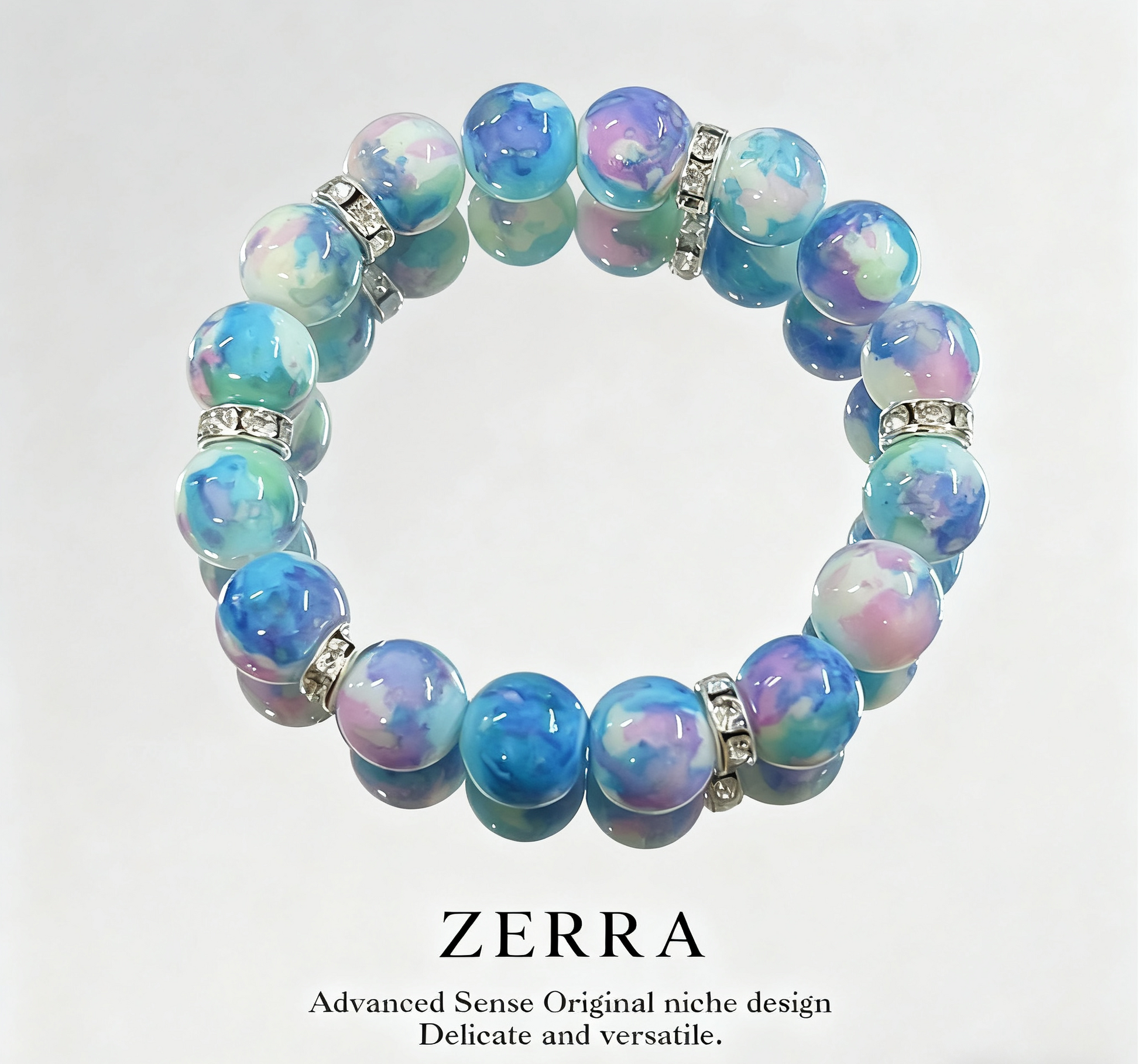 Multicolored beaded bracelet with 'Zerra' branding on a light gray background
