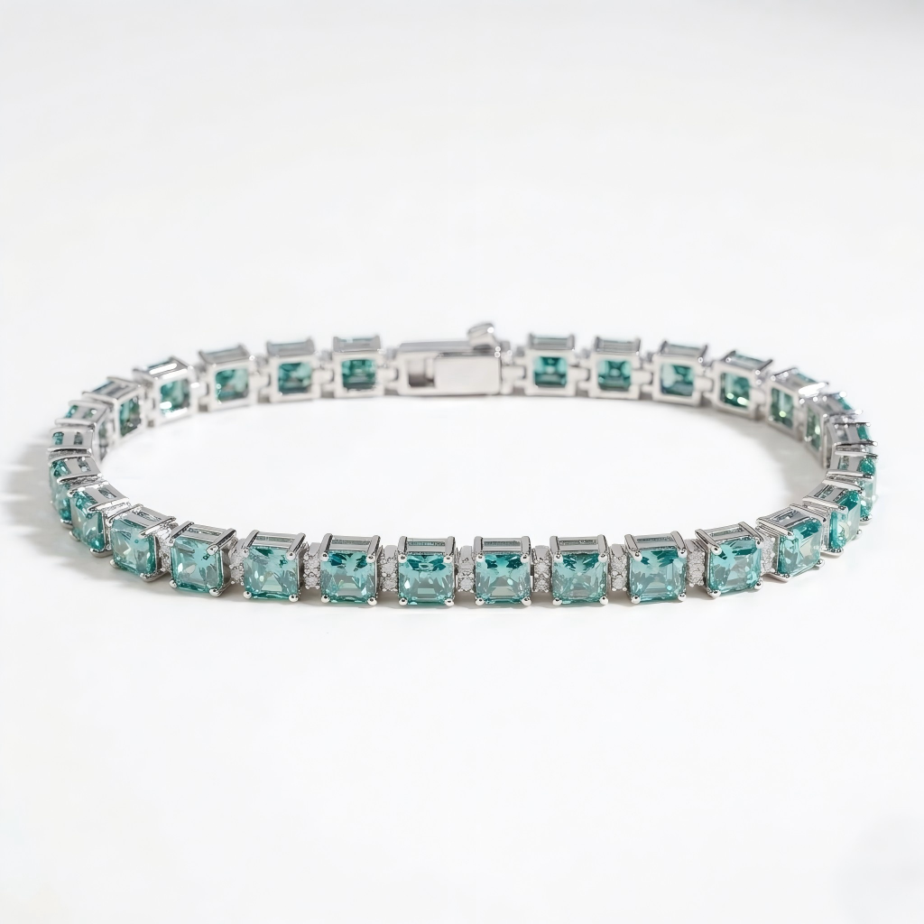 High-definition shot of the bracelet laid flat and fully extended on pure white background.