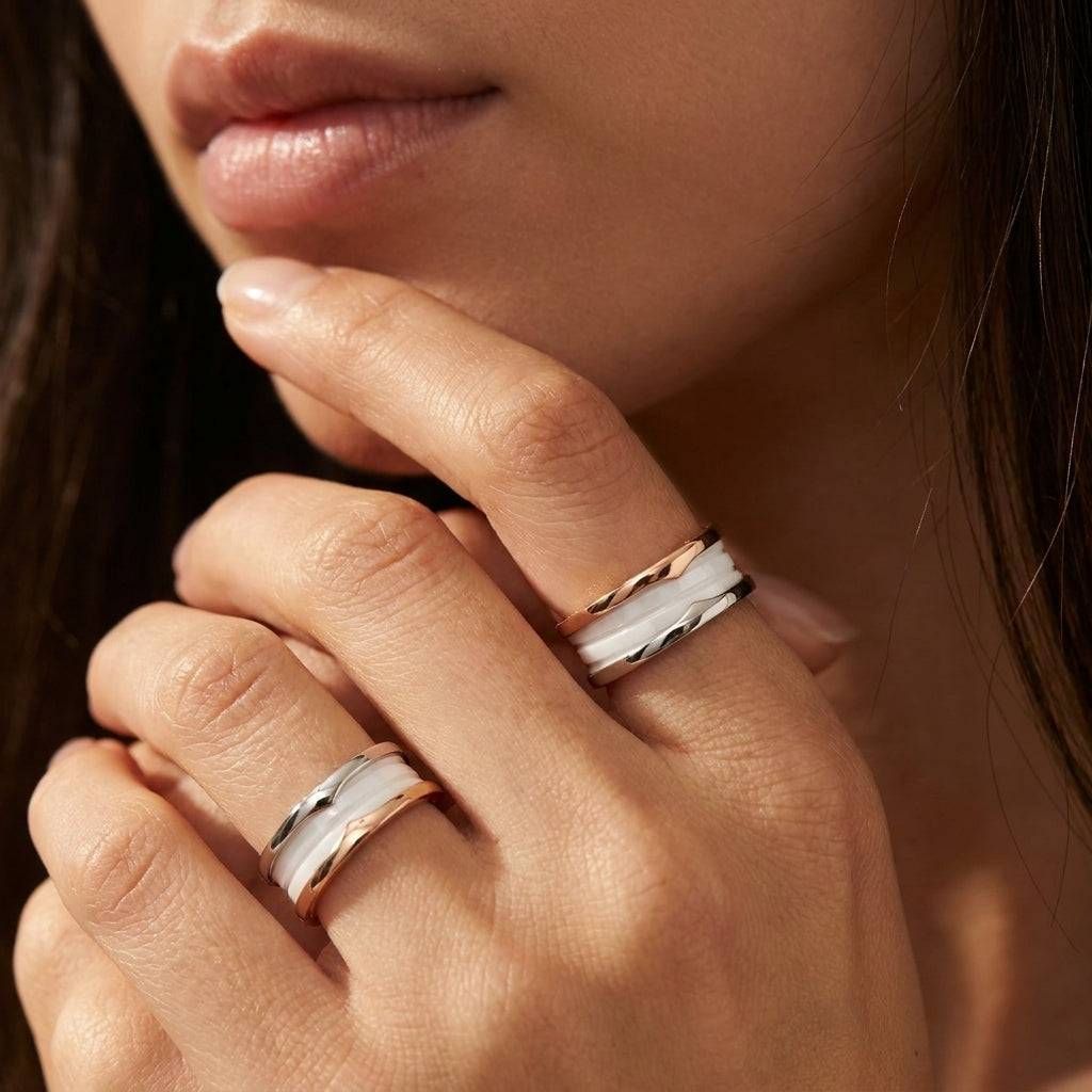 BVLGARI B.zero1 three-band ring with white ceramic spiral