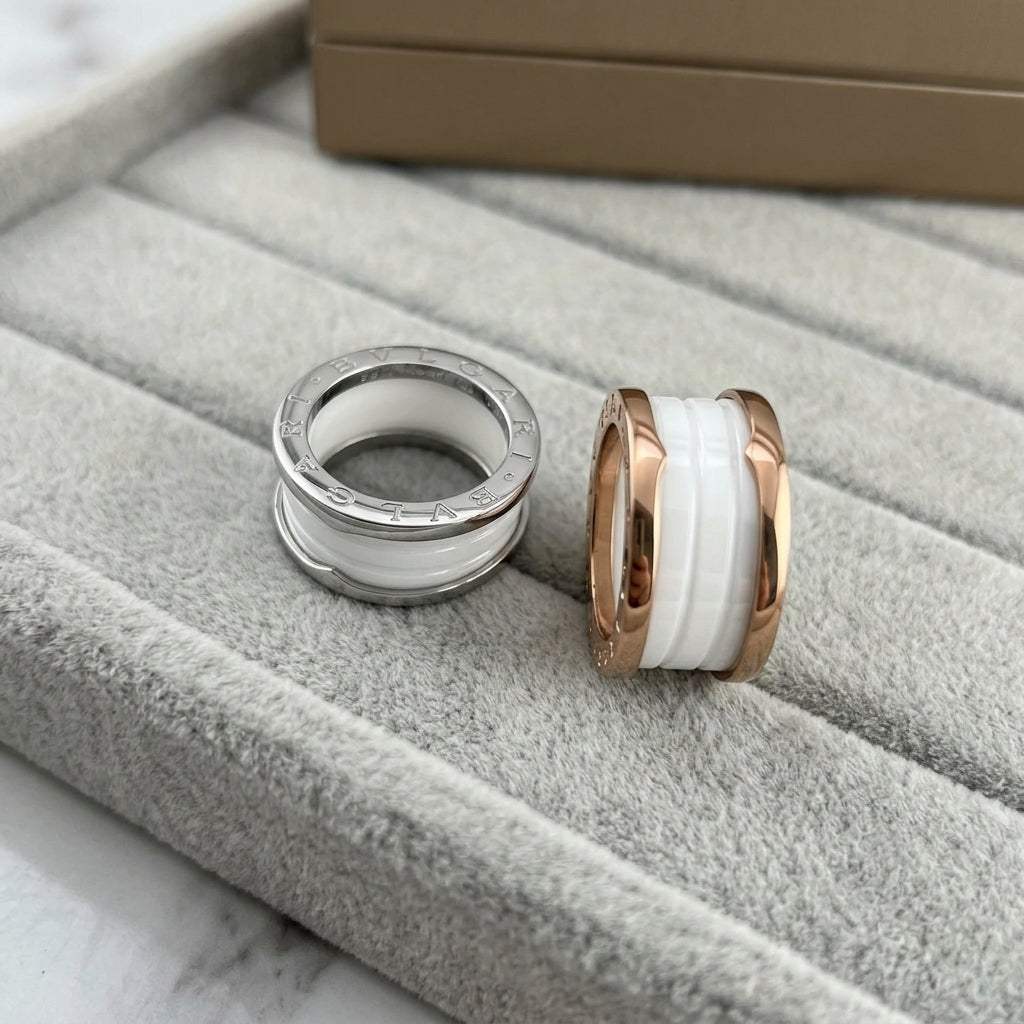 BVLGARI B.zero1 three-band ring with white ceramic spiral