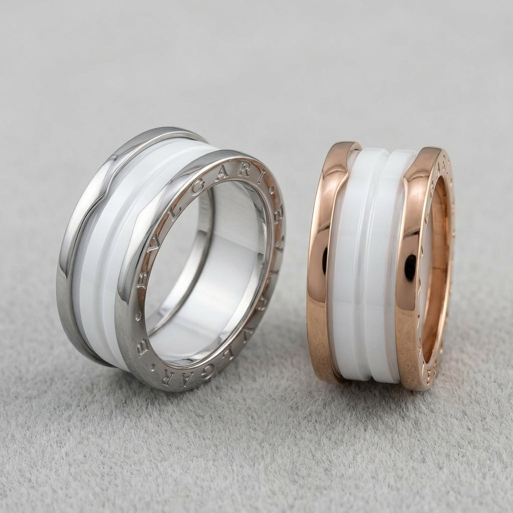 BVLGARI B.zero1 three-band ring with white ceramic spiral