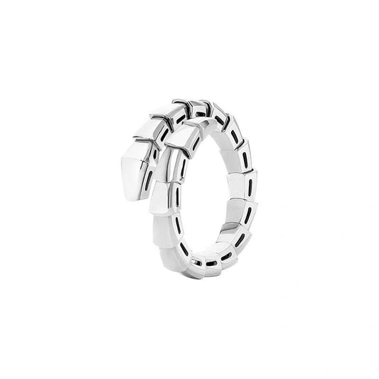 A silver snake-bone ring with a textured, segmented design, shown on a plain white background.