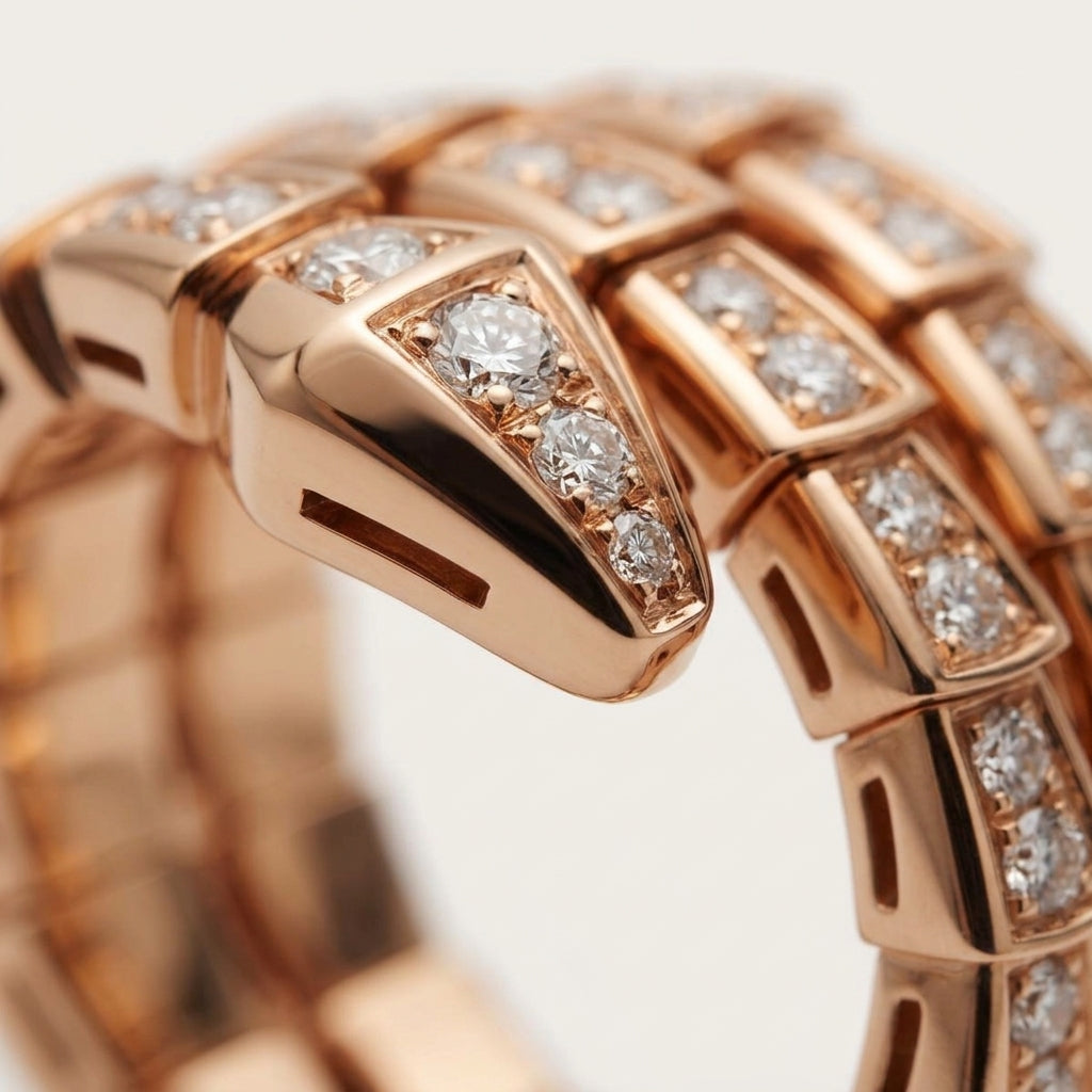 Close-up of a rose gold snake ring with clear pavé diamonds on a light neutral background.