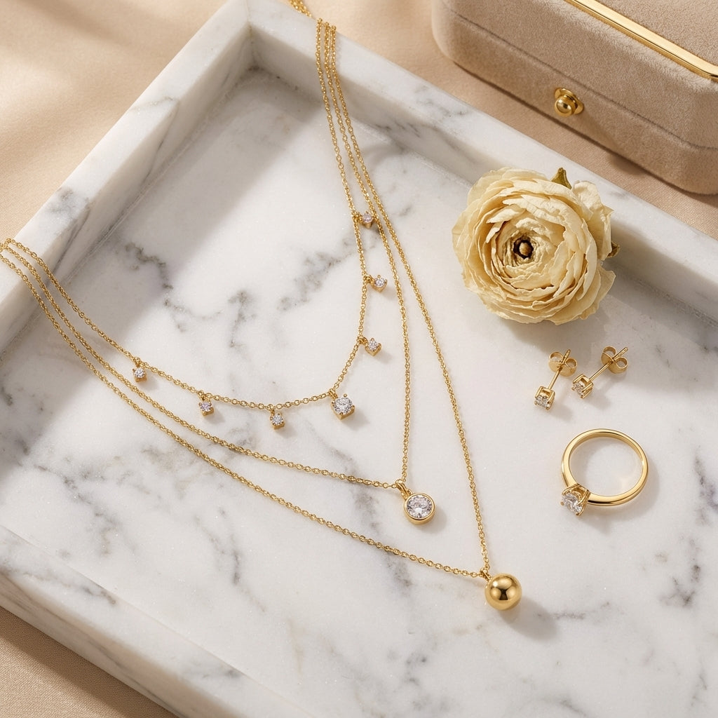 Top-down, necklaces on marble tray, styled with earrings, ring, dried flower, velvet box, warm soft tones, balanced composition, clean e-commerce aesthetic, high resolution.