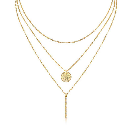 Clean white background — both necklaces layered elegantly on a bust form. The moissanite bar catches soft light, showing subtle sparkle; the polished coin pendant sits slightly lower. Chains drape smoothly without tangling.