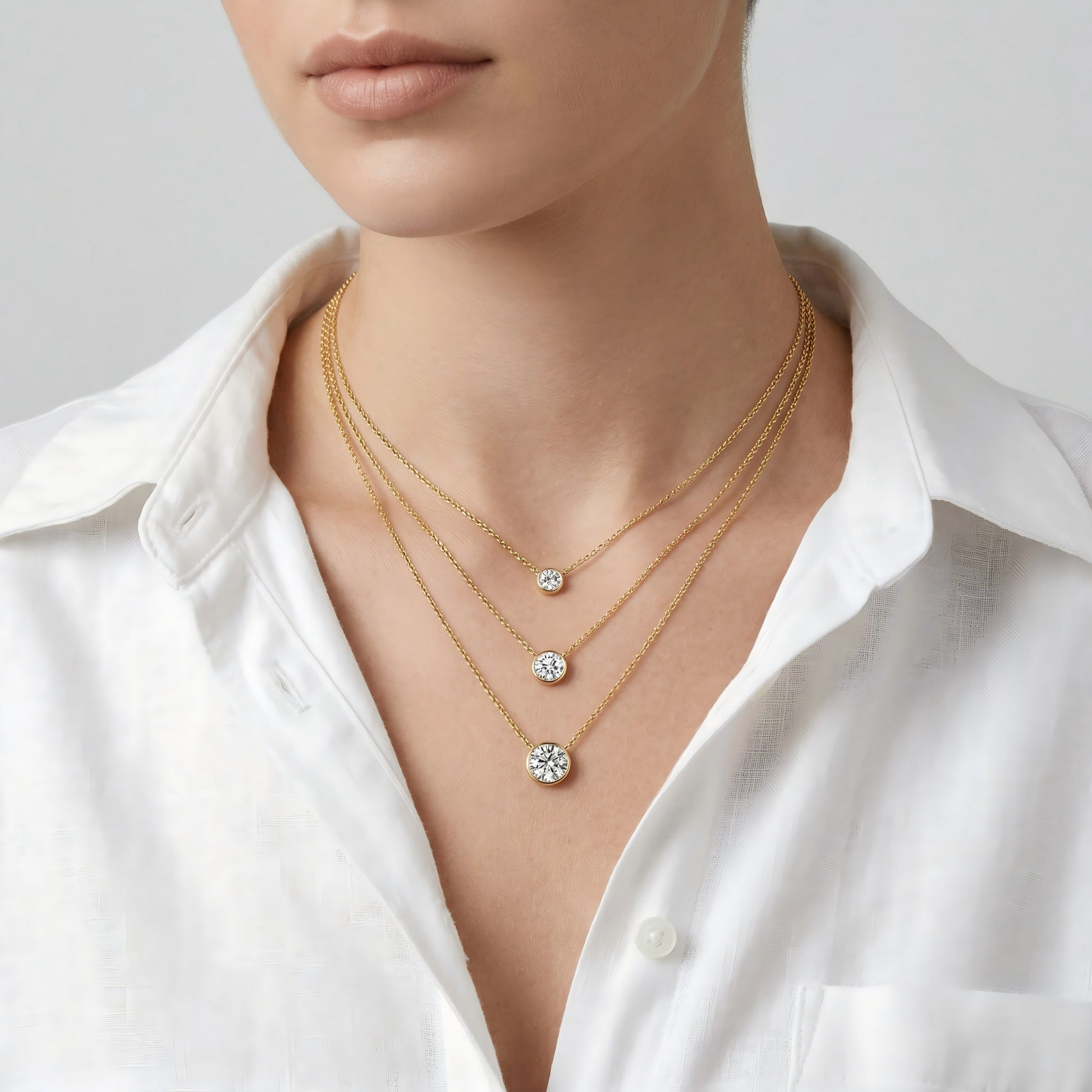 US female model, white linen shirt, focus on neck, lips & jaw only, soft high-key light, clean grey-white background, minimal shadow, natural skin, sharp moissanite sparkle, ultra-detailed, 4K.
