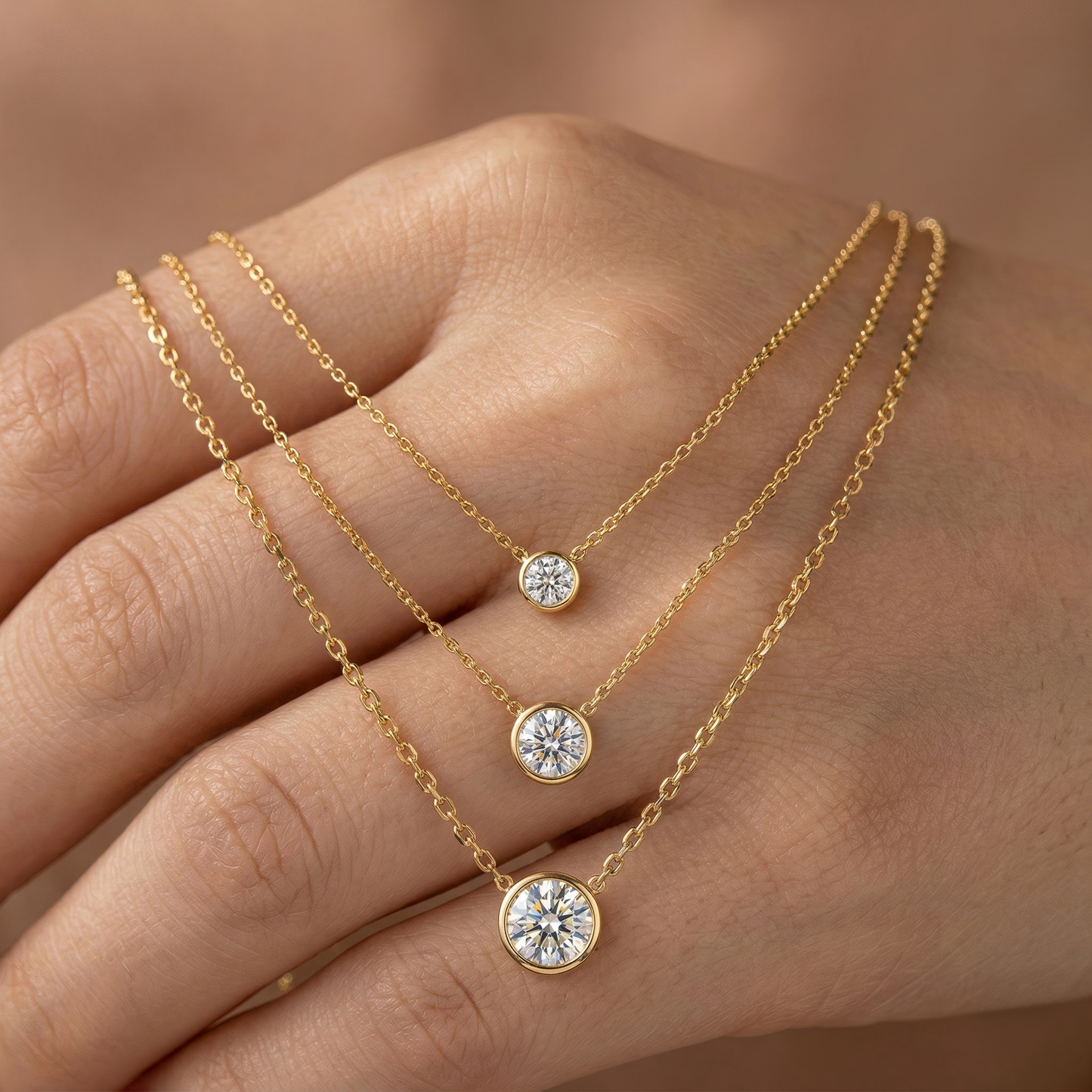 Macro, necklace draped across female hand, natural curve, warm soft light, mirror metal shine, sharp sparkle, blurred skin background, detailed texture, intimate luxury feel.