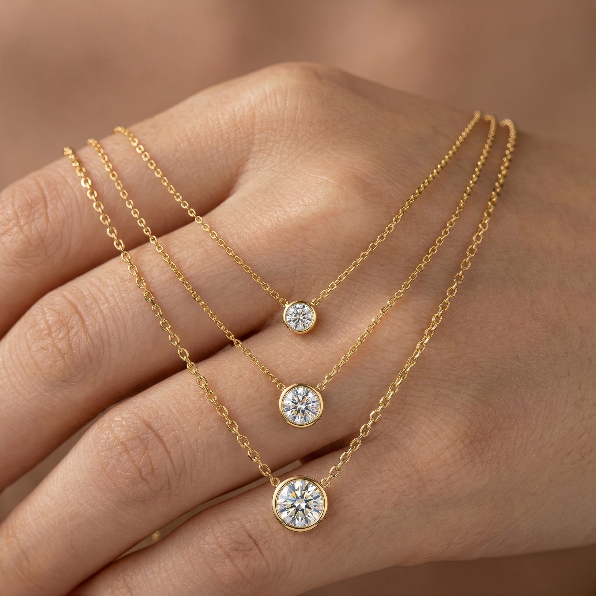 Macro, necklace draped across female hand, natural curve, warm soft light, mirror metal shine, sharp sparkle, blurred skin background, detailed texture, intimate luxury feel.