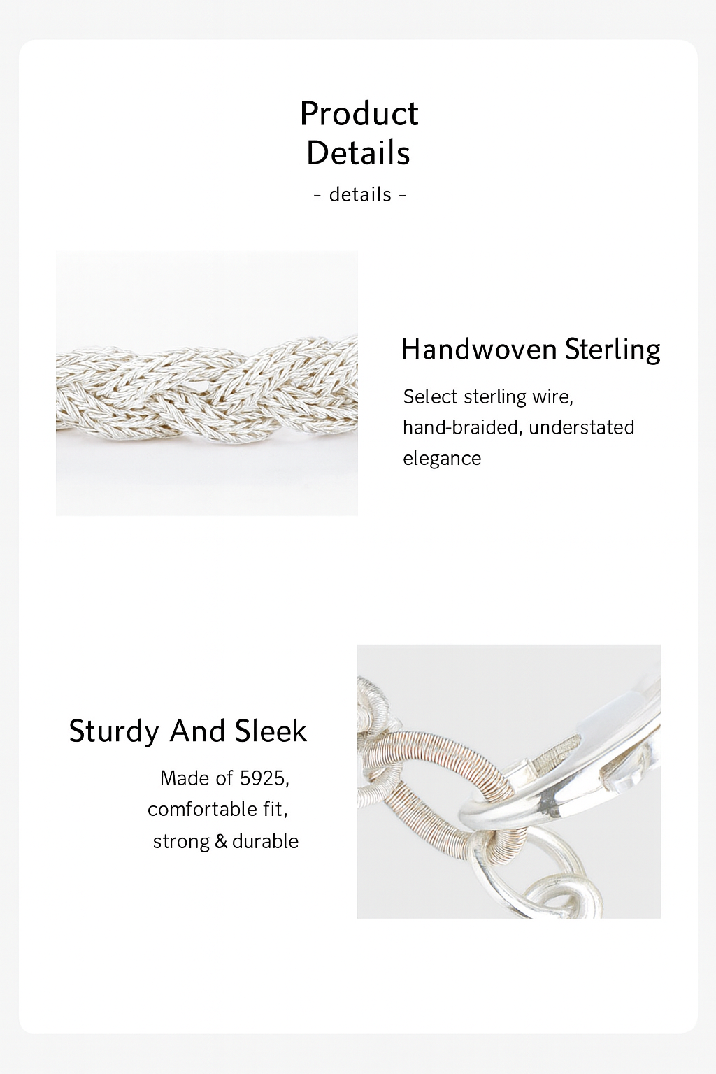 Product details of handwoven sterling silver wire on a white background