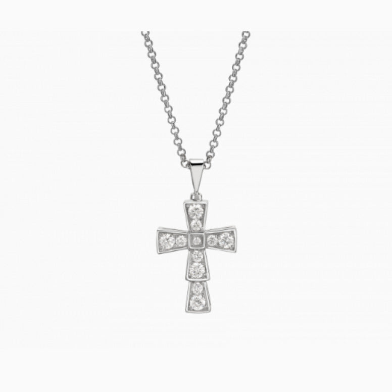 Bvlgari 18K White Gold Serpenti Cross Diamond Necklace Necklace Women Silver cross pendant necklace on a white background