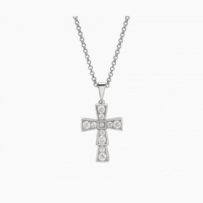 Bvlgari 18K White Gold Serpenti Cross Diamond Necklace Necklace Women Silver cross pendant necklace on a white background