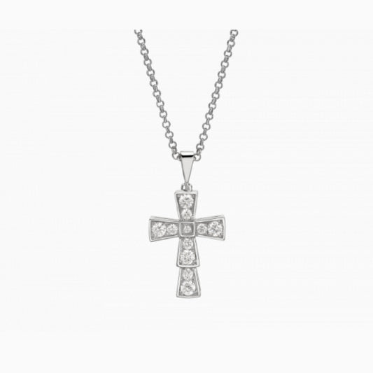 Bvlgari 18K White Gold Serpenti Cross Diamond Necklace Necklace Women Silver cross pendant necklace on a white background