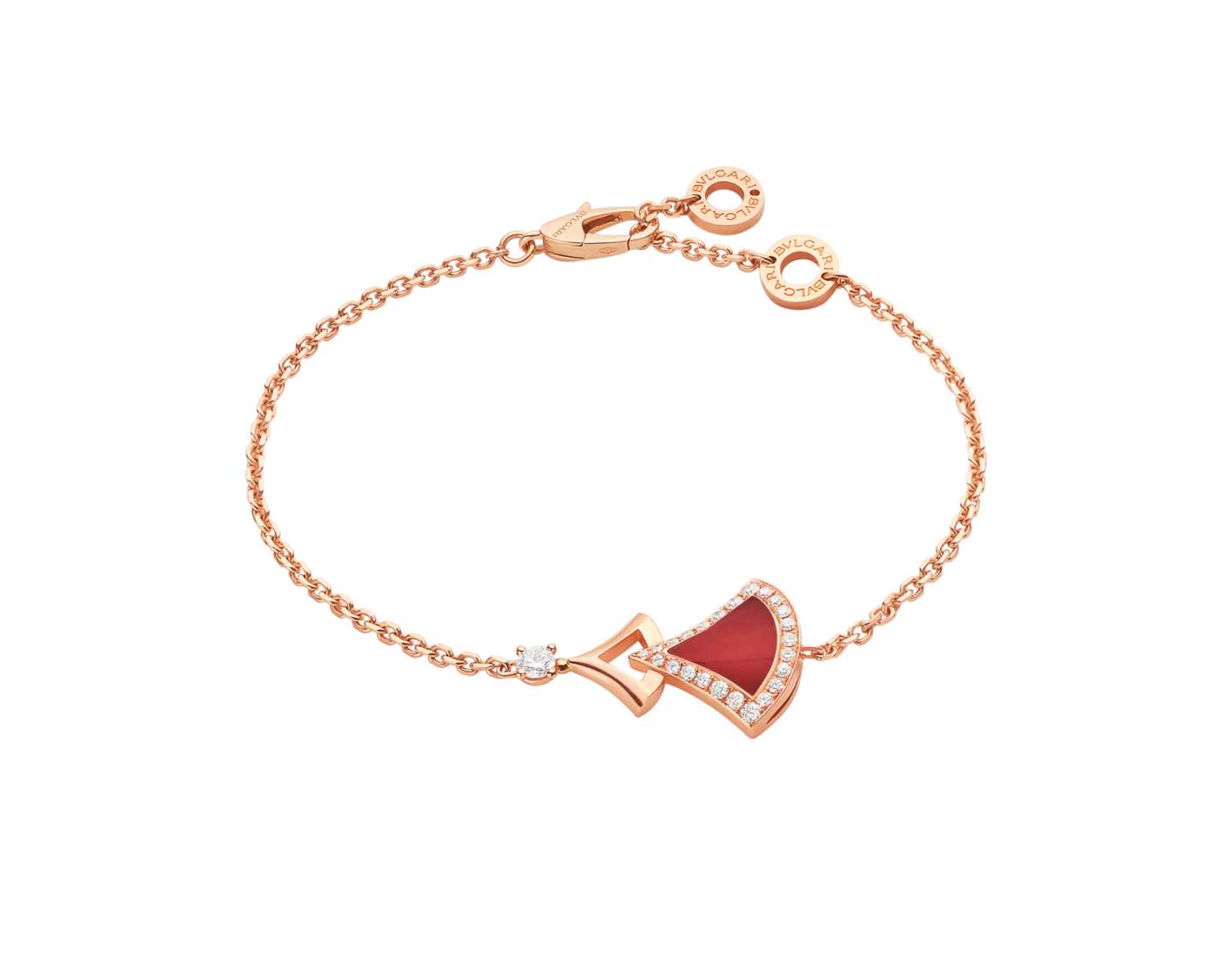 Rose gold bracelet with a red heart charm on a white background