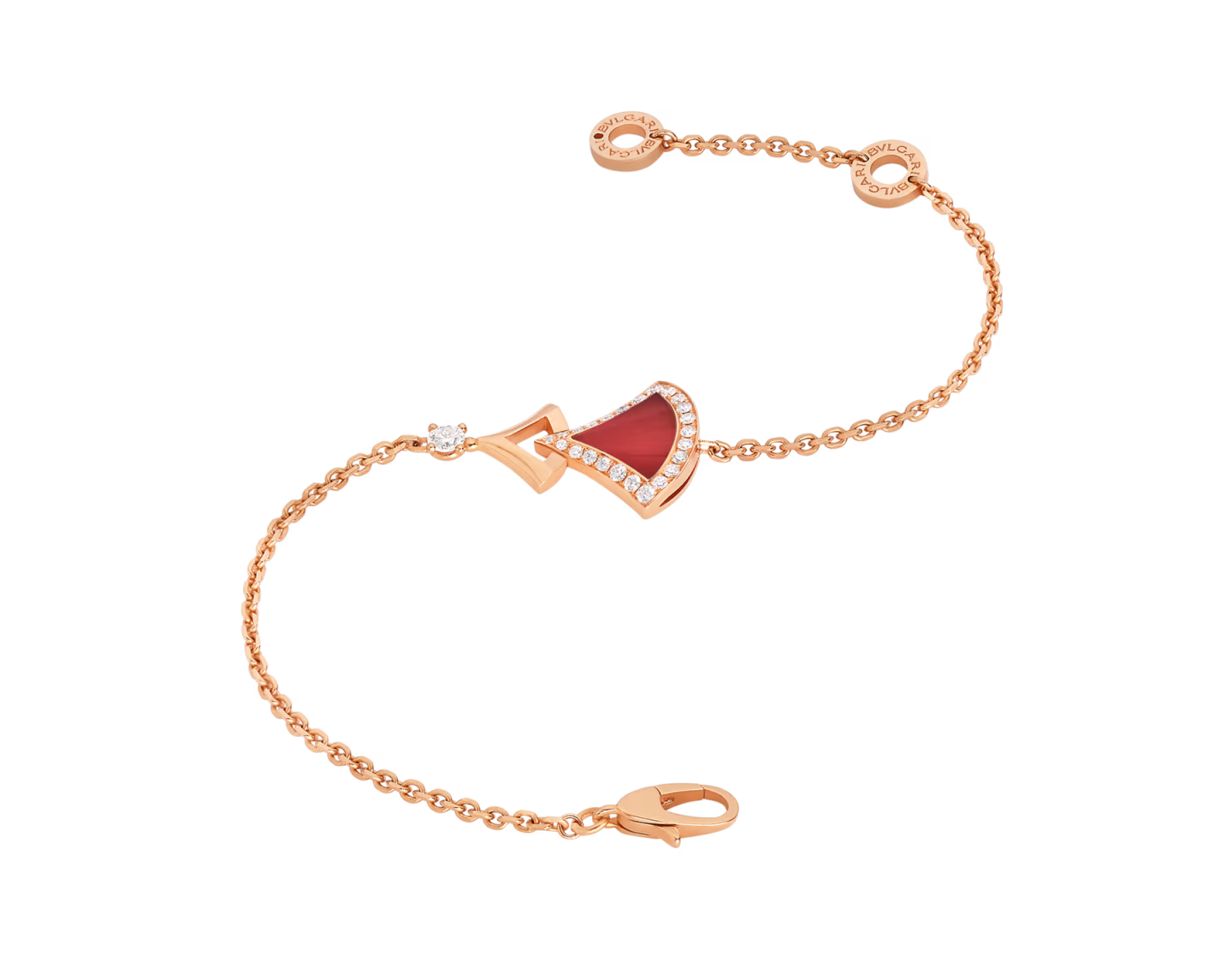 Rose gold bracelet with a red gemstone on a white background