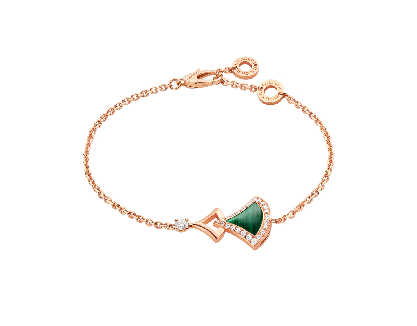Rose gold bracelet with green gemstone on a white background