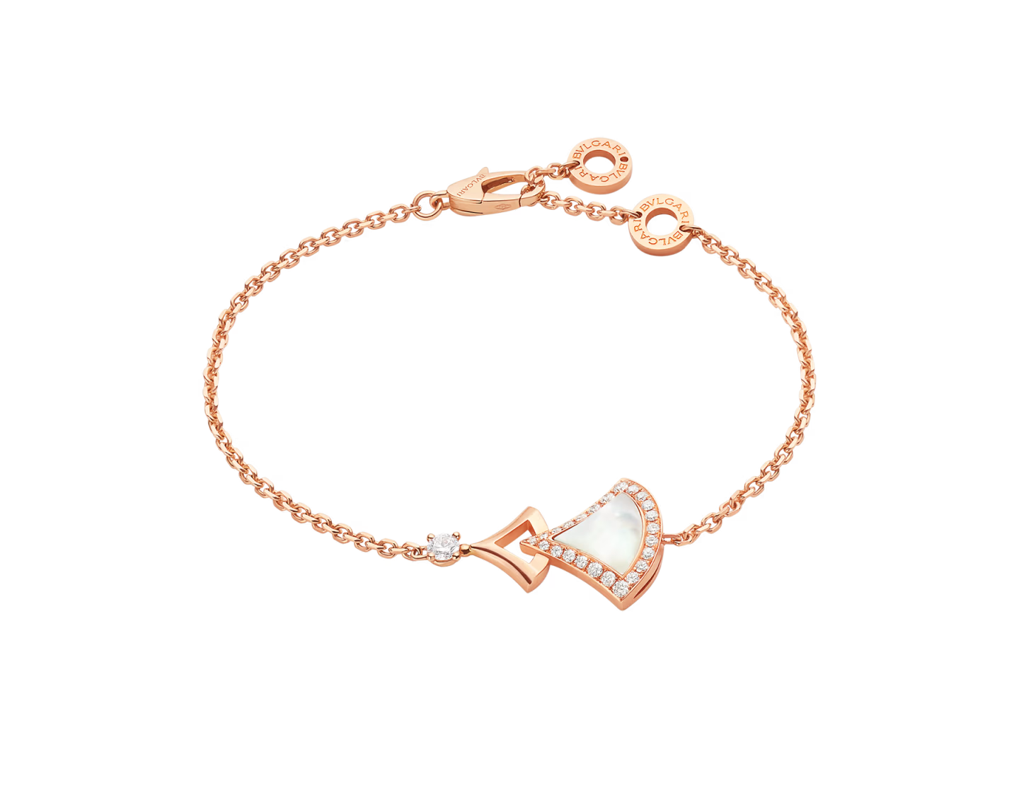 Rose gold bracelet with a heart-shaped charm on a white background