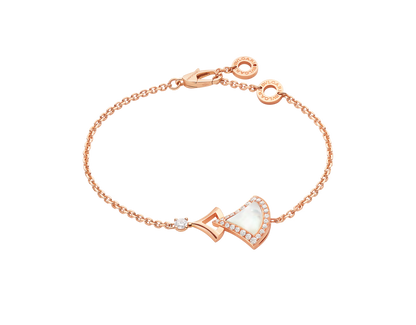 Rose gold bracelet with a heart-shaped charm on a white background