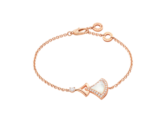 Rose gold bracelet with a heart-shaped charm on a white background