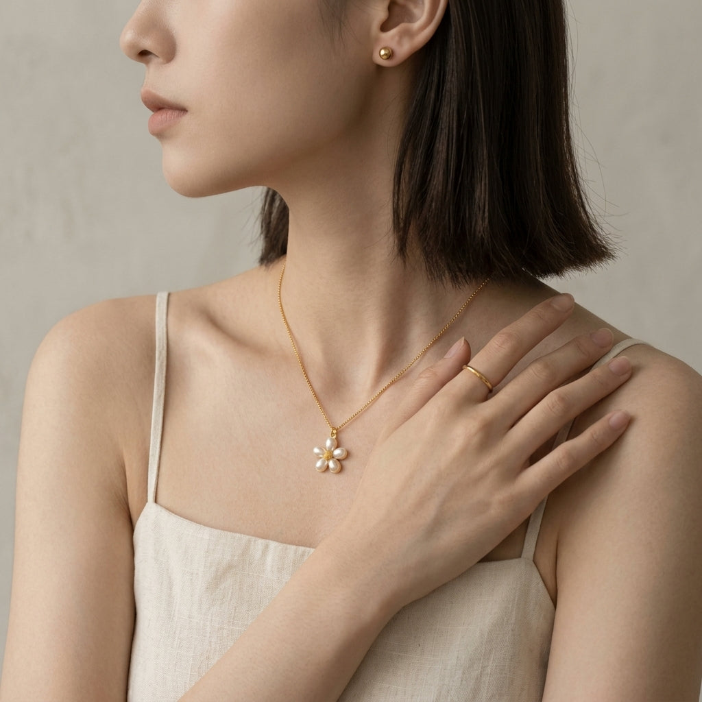 A woman wearing a delicate gold necklace with a flower-shaped pearl pendant, styled with a matching pearl stud earring and a pearl ring on her finger, set against a soft beige background.