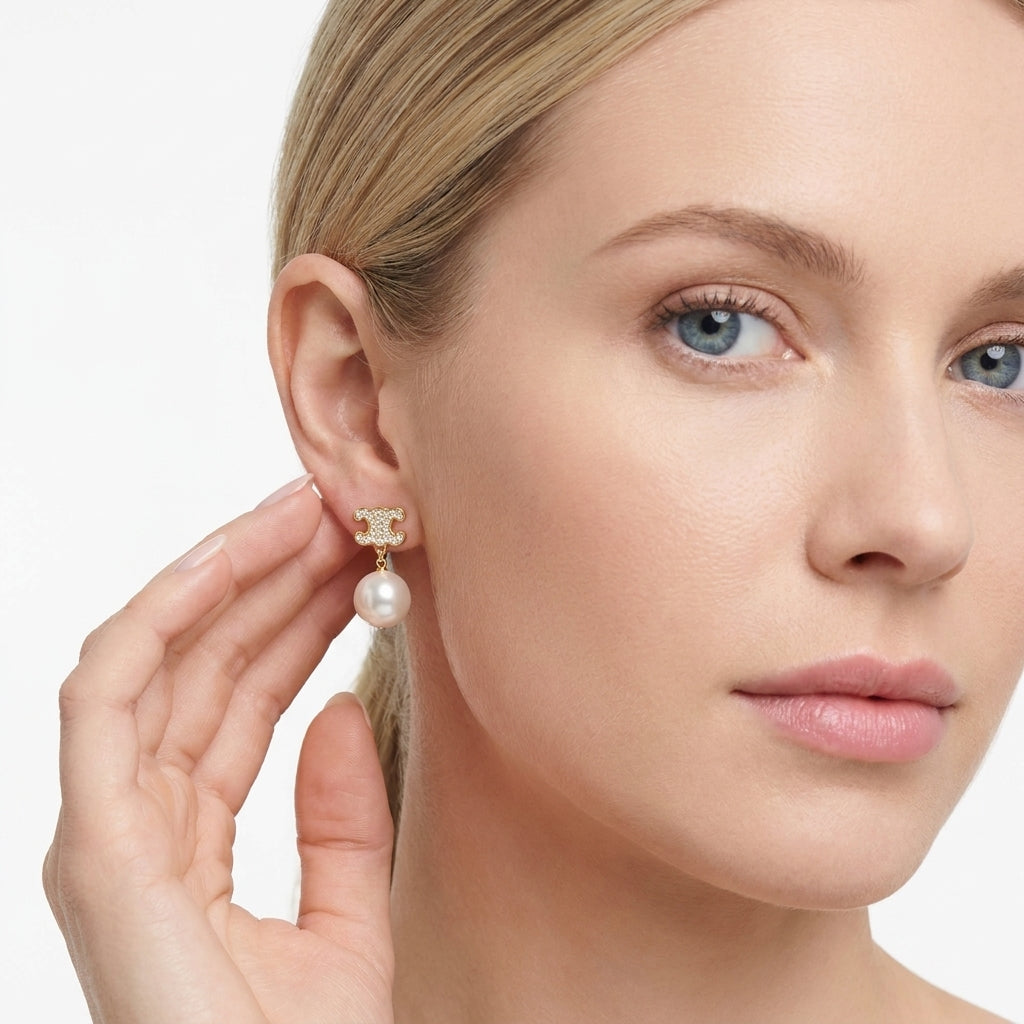 CELINE Full-Diamond Pearl Earrings - Gold & Paved Crystal Drops