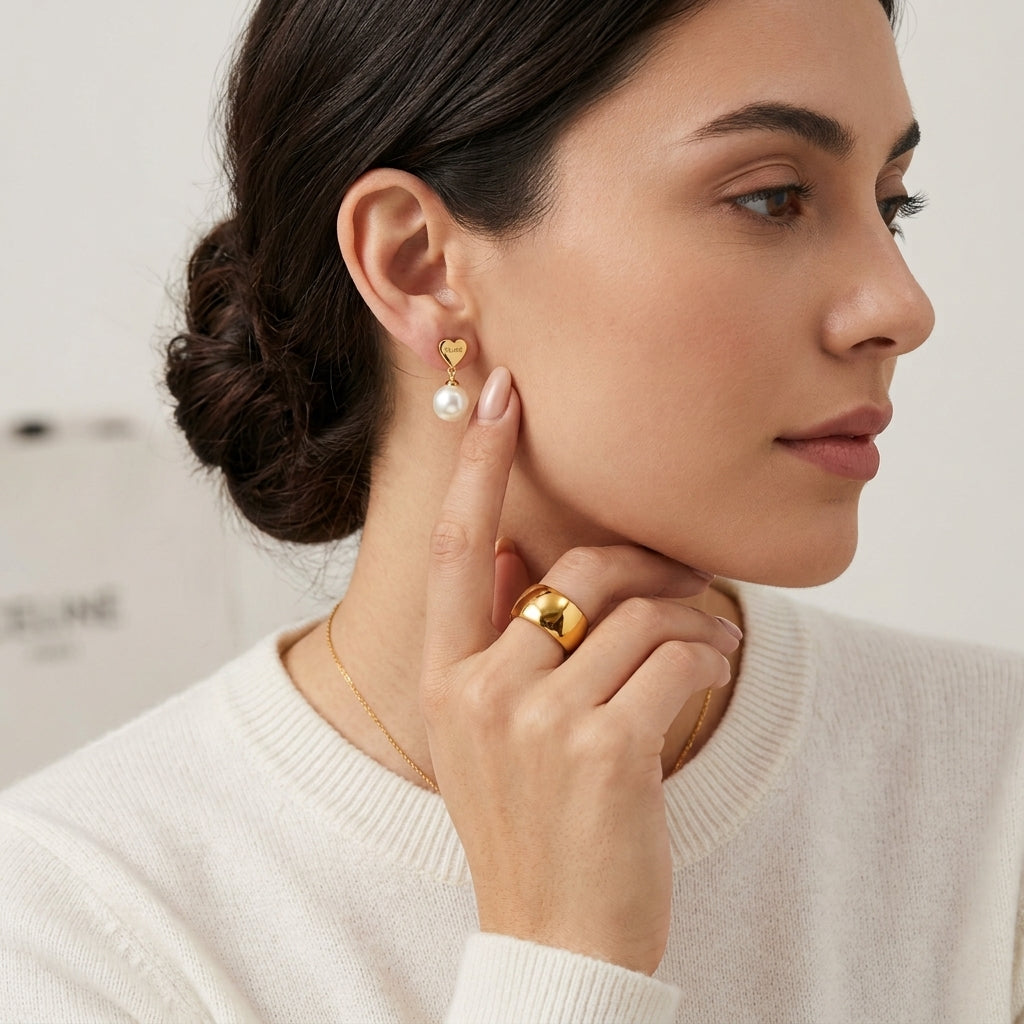 CELINE Gold Heart and Pearl Pendant Earrings