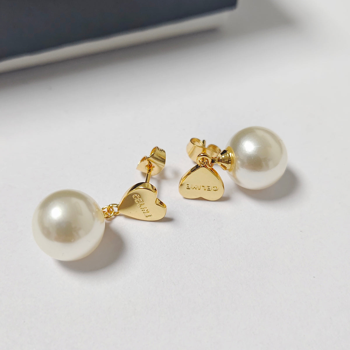 CELINE Gold Heart and Pearl Pendant Earrings
