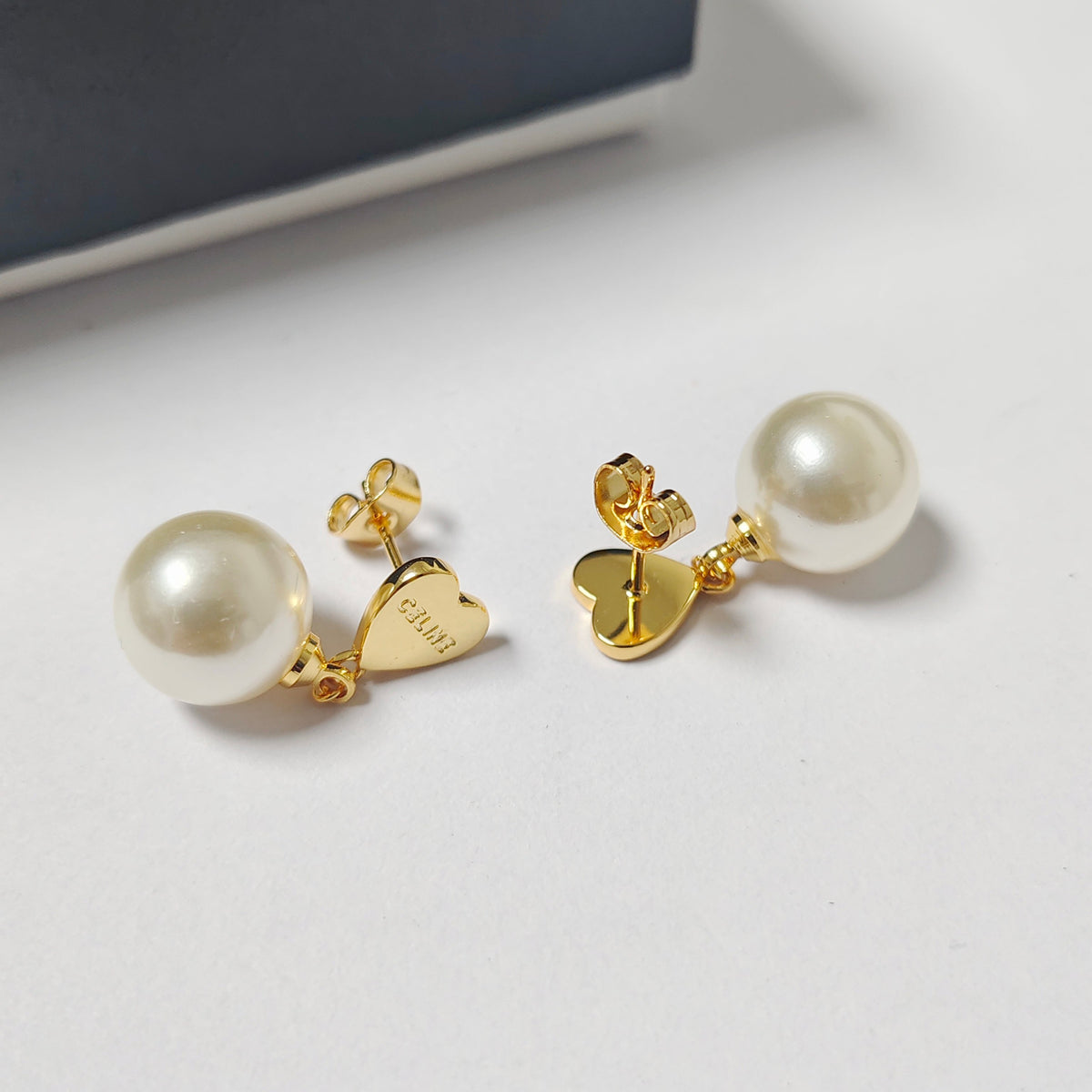 CELINE Gold Heart and Pearl Pendant Earrings