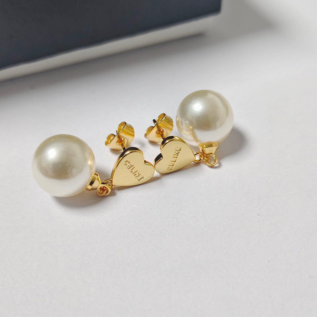 CELINE Gold Heart and Pearl Pendant Earrings