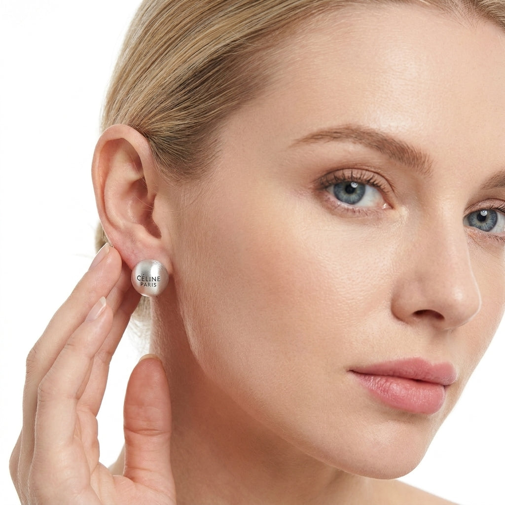 A close-up of a woman wearing a small silver stud earring with the brand name 'CLINIQUE PARIS' engraved on it, with her hand gently touching the earring.