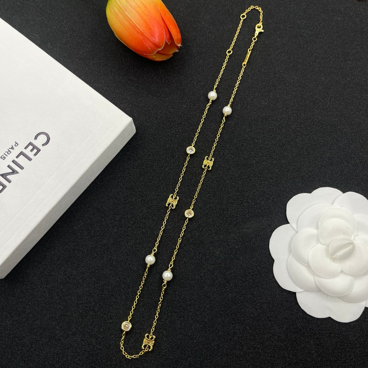 CELINE Triomphe Pearl and Crystal Gold-Tone Fine Chain Necklace