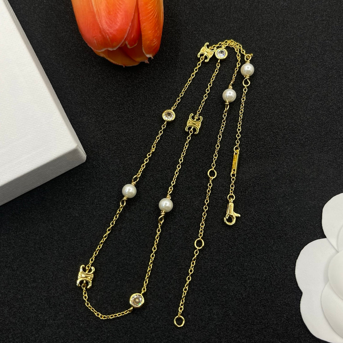 CELINE Triomphe Pearl and Crystal Gold-Tone Fine Chain Necklace