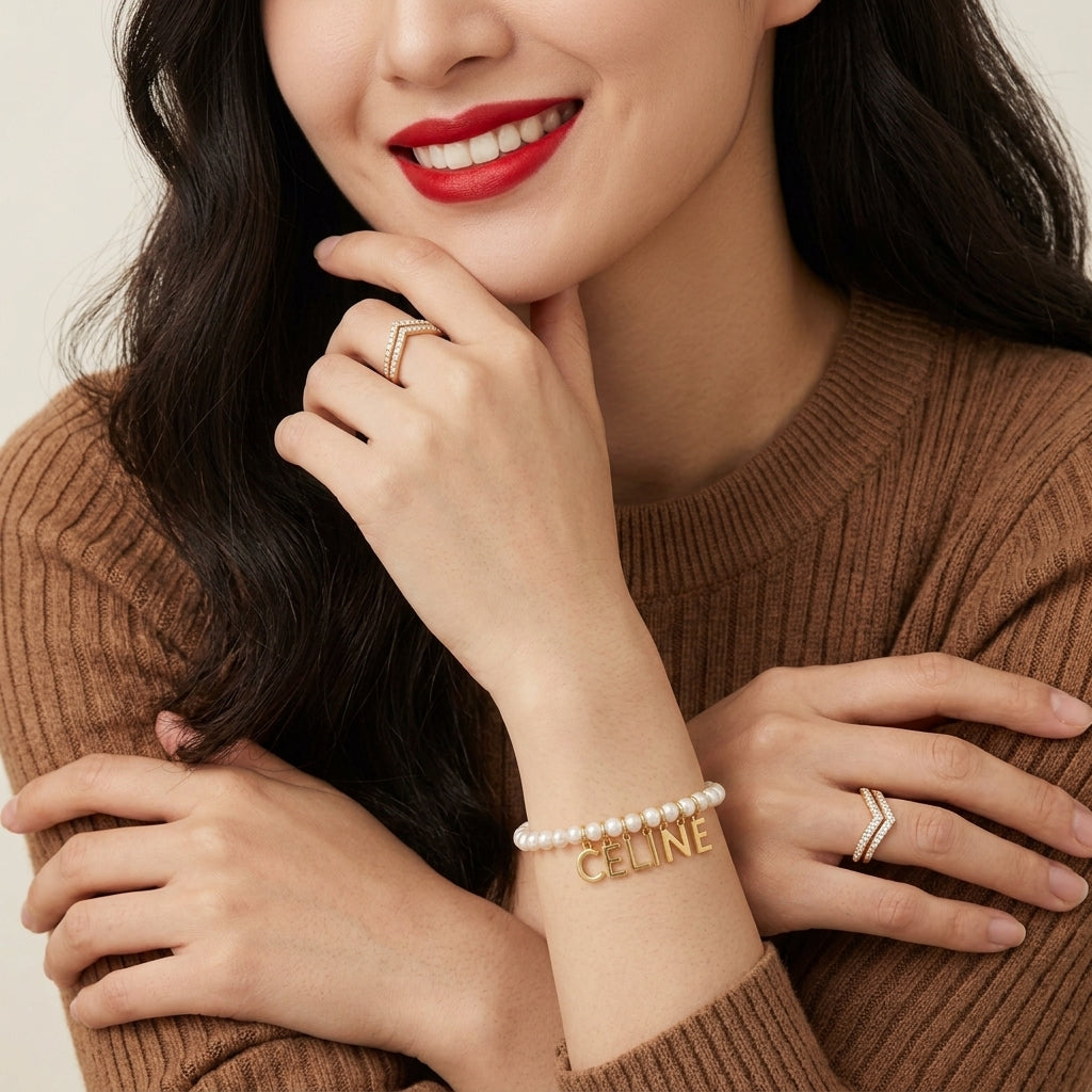 A close-up lifestyle shot of a woman wearing a gold Celine bracelet with white pearls and the brand name 'CELINE' in gold letters, styled with gold rings and a brown ribbed sweater.