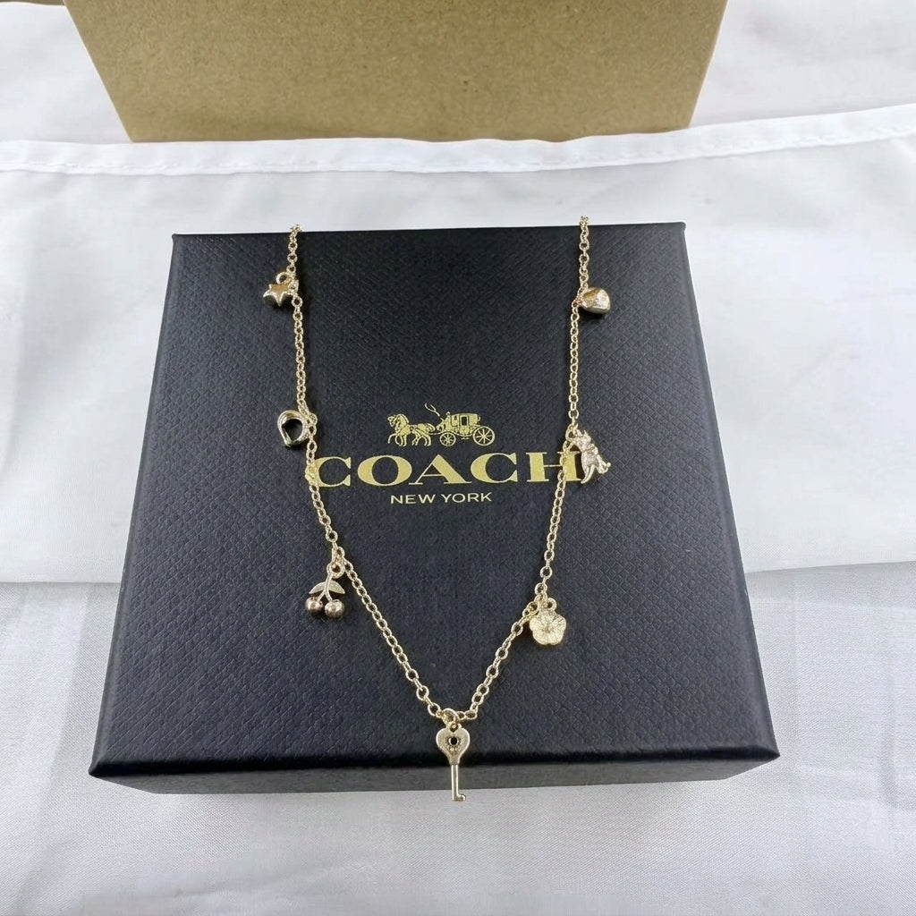 A gold-tone Coach necklace with multiple charm motifs, including a key at the center, displayed on top of a black Coach New York box.