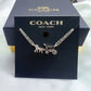 A silver-tone Coach New York necklace with a horse-drawn carriage pendant, displayed on a black branded card insert in front of a dark Coach gift box.