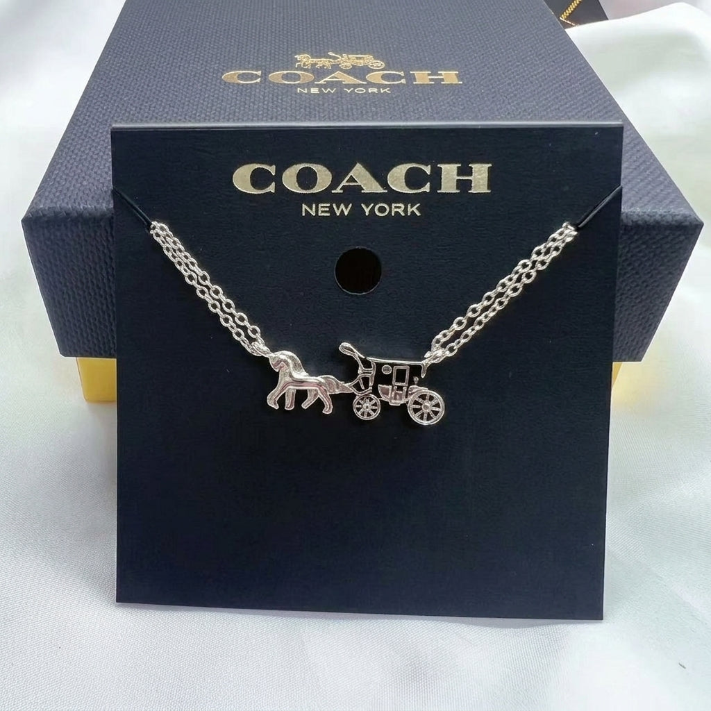 A silver-tone Coach New York necklace with a horse-drawn carriage pendant, displayed on a black branded card insert in front of a dark Coach gift box.