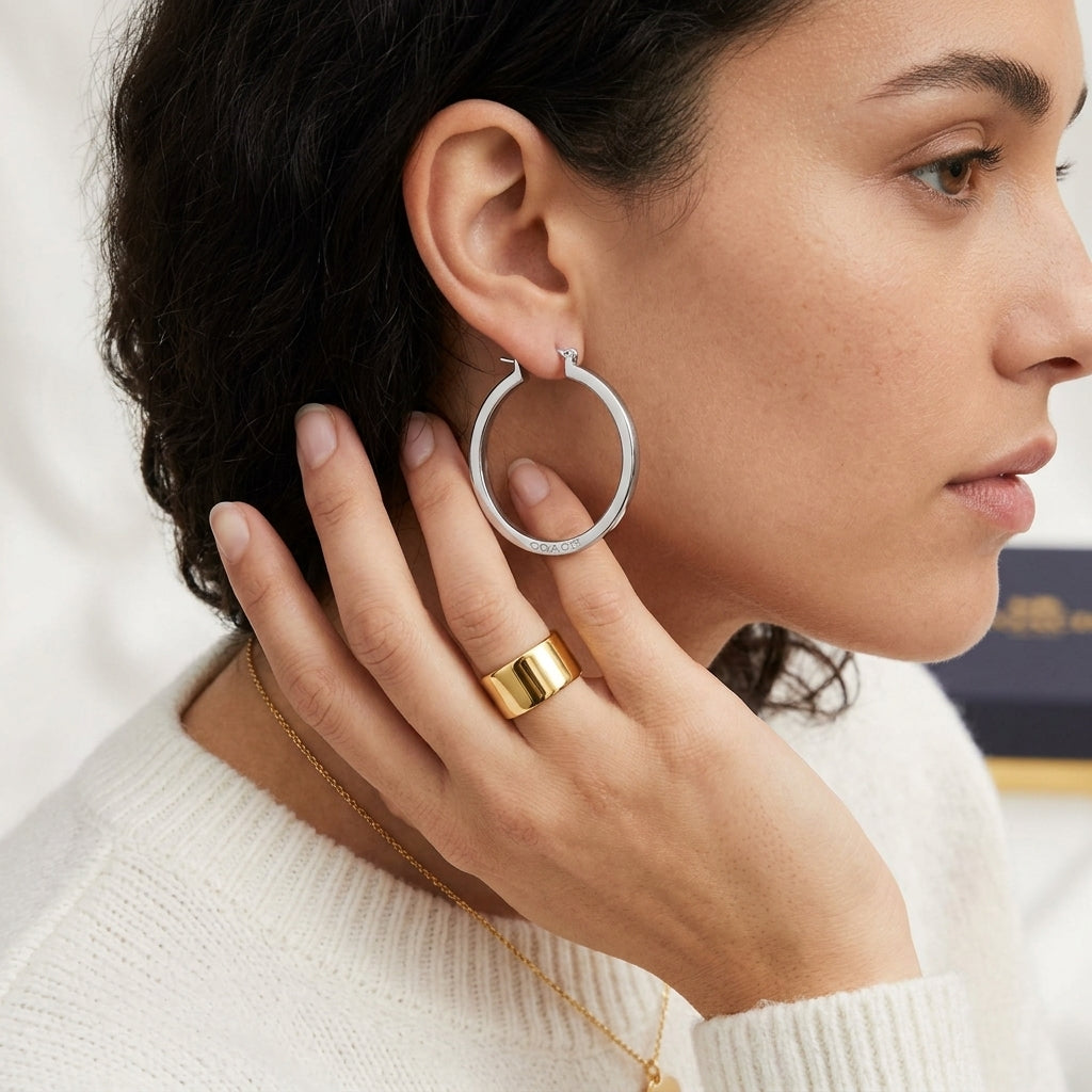 A close-up lifestyle shot of a woman wearing a large silver hoop earring and a wide gold ring, wearing a white knit sweater.