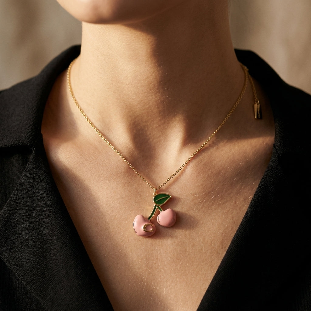A close-up of a model wearing a delicate gold chain necklace with a cherry pendant. The pendant features two glossy pink cherries with green leaves and a small pearl accent on the stem, styled against a black blazer.