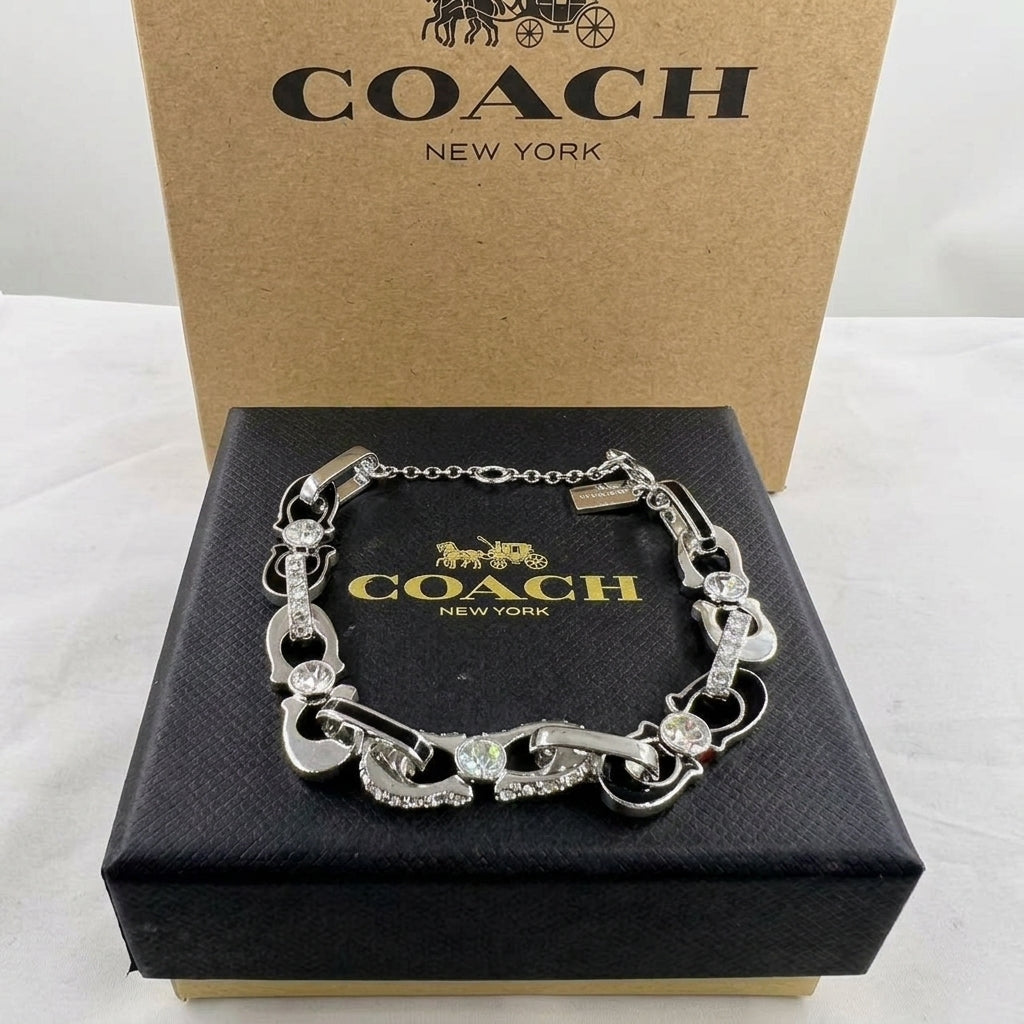 A silver-tone Coach bracelet with horsebit links and clear crystal accents, displayed on a black Coach New York presentation box with the original brown cardboard box behind it.