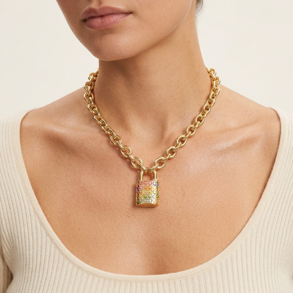 A gold chain necklace with a padlock pendant featuring a colorful floral pattern, worn by a model in a cream ribbed top against a light beige background.