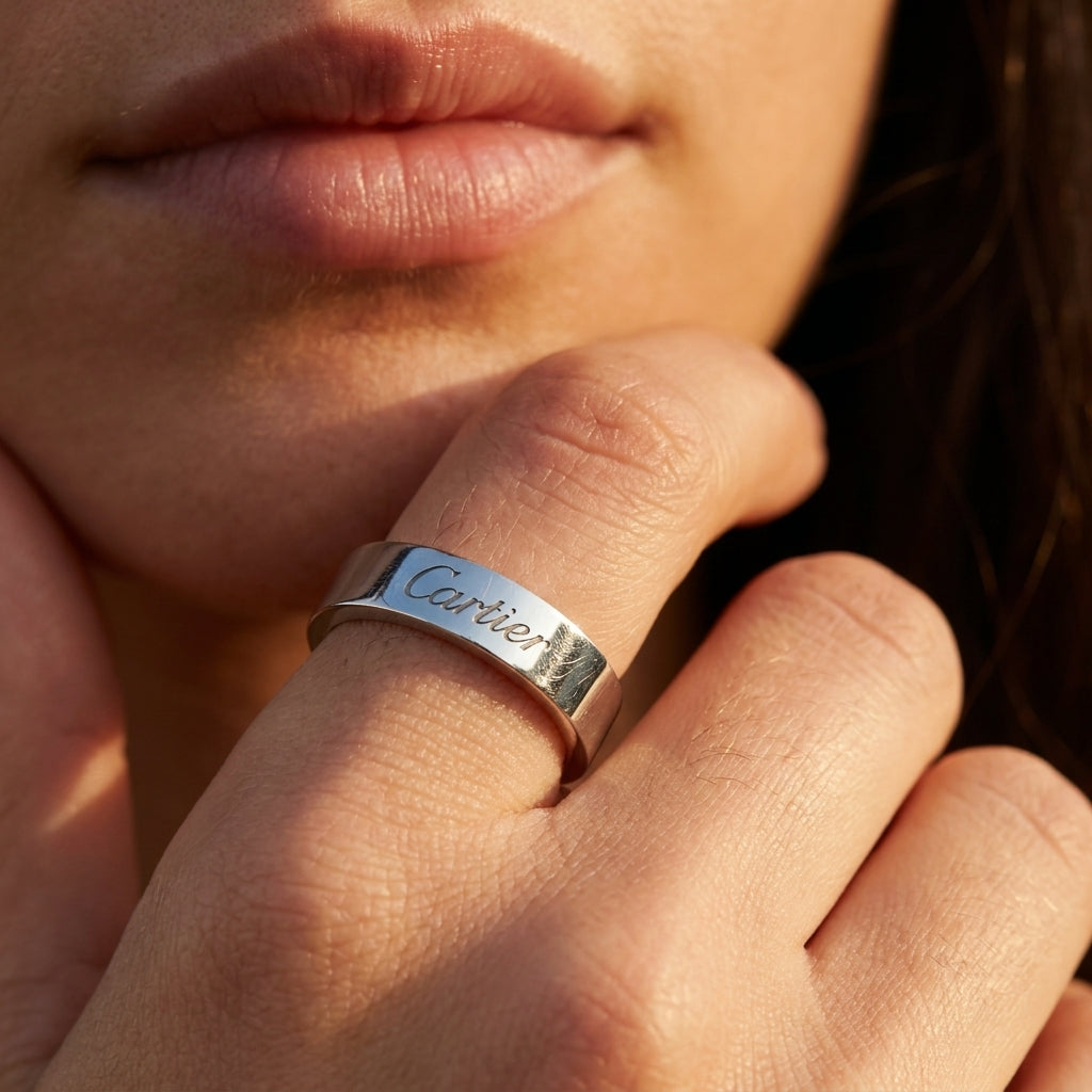 A close-up lifestyle shot of a model wearing a silver band ring engraved with the Cartier logo, with warm sunlight highlighting the metal and skin.
