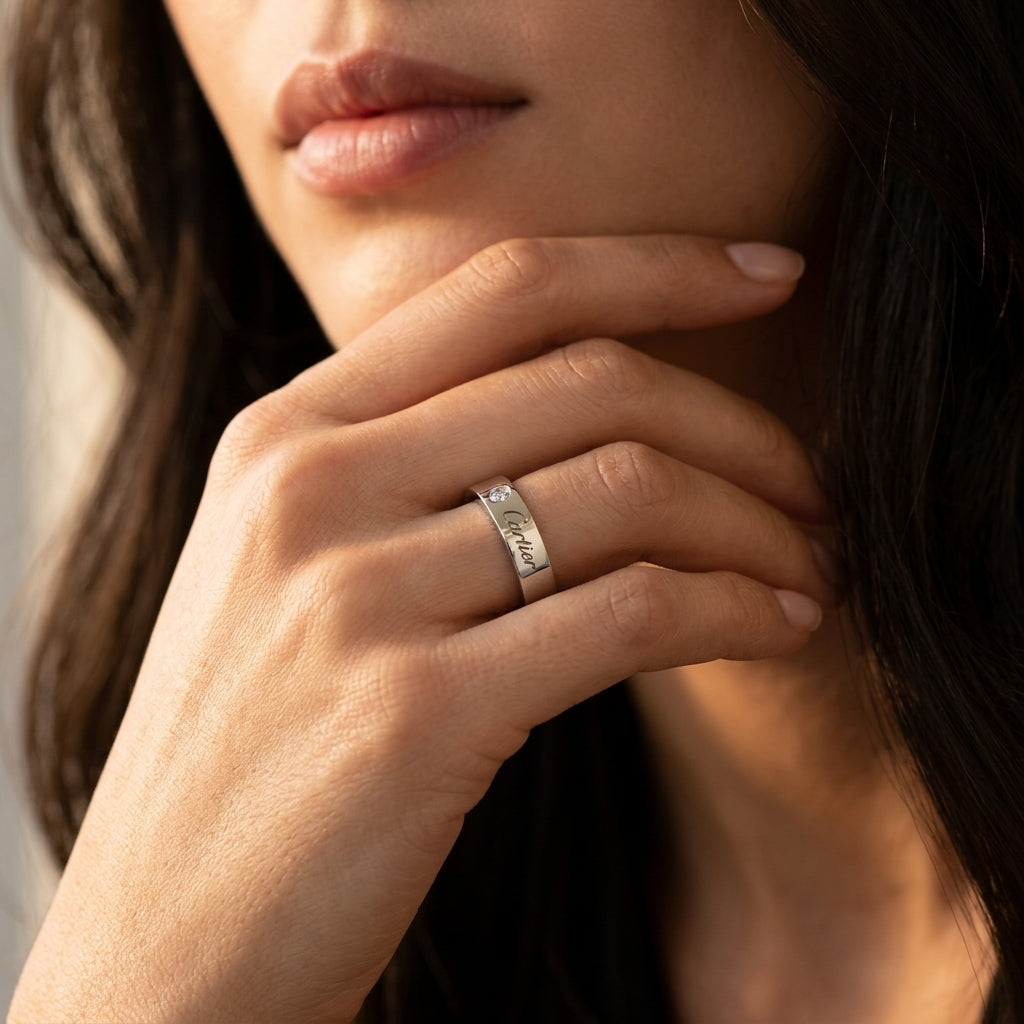 A close-up lifestyle shot of a woman wearing a silver band ring engraved with the name 'Emily' on her finger.