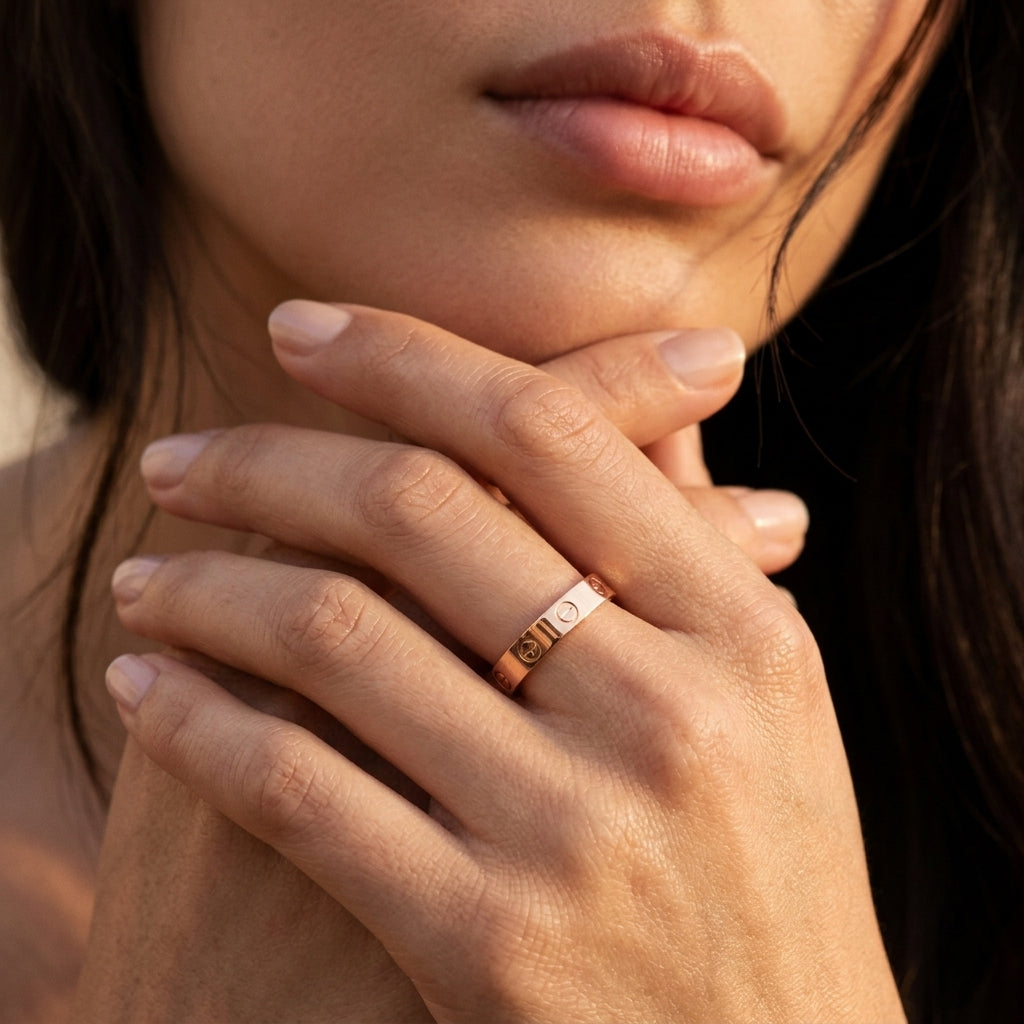 Close-up of a hand wearing a ring with a blurred background