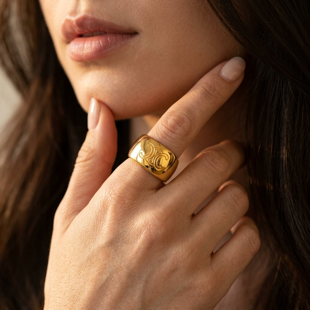 A close-up lifestyle shot of a woman wearing a delicate gold necklace with a circular interlocking logo pendant, along with a matching gold hoop earring and a simple gold band ring. She is wearing a cream-colored spaghetti strap top against a neutral light gray background.