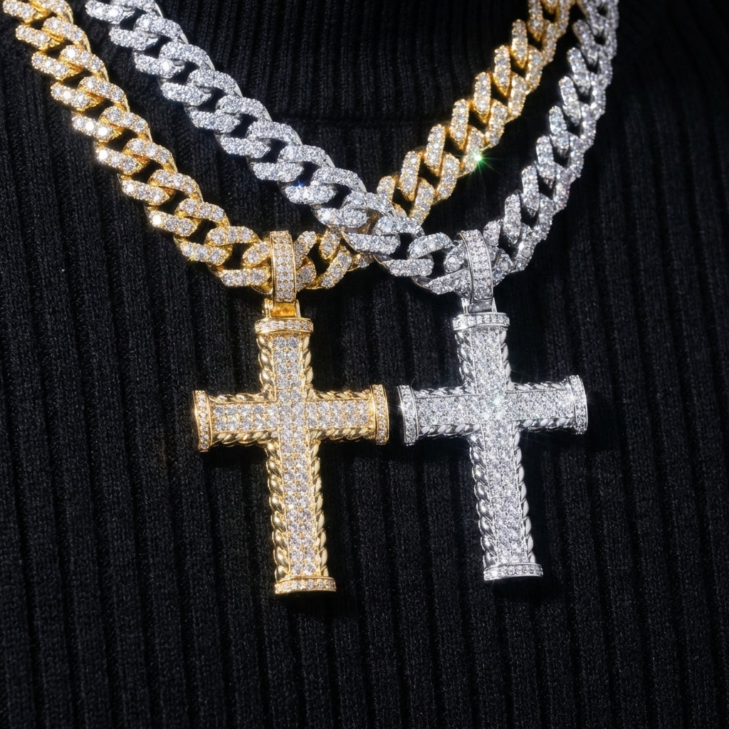 Clean white or light gray background — the classic moissanite cross pendant displayed on a bust form or flat surface. The clean, traditional silhouette catches soft light, showcasing the moissanite center stone or accents with understated brilliance.